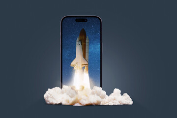 Fototapete - Rocket shuttle successful launch on a smartphone on a dark background, concept. Start up, gadget and take off of a spaceship with smoke. Overflow, creating an idea. Think differently. App