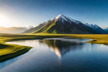 Poster - landscape with lake and mountains