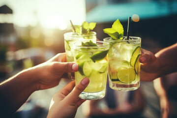 Close up of friends group cheering mojito drinks at bar restaurant, party time, cocktail close up