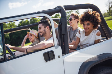 Wall Mural - Friends travelling by car