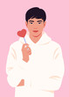 A portrait of a sad Asian man holding red lollipop in shape of heart. Valentine's Day. Vector flat Illustration
