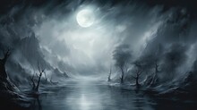 Creepy Scary Winter Nature Landscape Moon Shine With Dark Misty Fog Drifting Around Background, Generative Ai