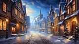 Fototapeta Londyn - winter silent night with nobody on vintage town street, contemporary painting style art, Generative Ai
