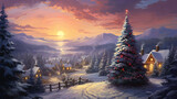 Fototapeta  - winter season scene with big Christmas time in rural countryside valley village with gradient twilight sky, painting style illustration, Generative Ai