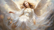 Beautiful Angel Wearing White Dress With White Wings Flying In Sky, Artistic Painting Illustration, Generative Ai