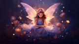 pretty fairy angel sitting in flower field night forest with glitter glow firefly light dreamy fantasy atmosphere, painting cartoon illustration, Generative Ai