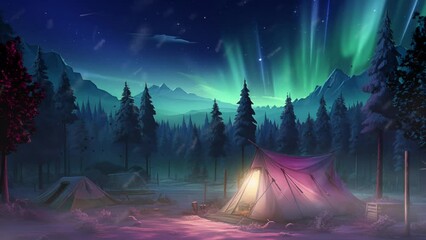 Winter scenery. Northern lights in winter forest. Night winter landscape with aurora, tent and pine tree forest. cartoon or anime watercolor illustration style looping video background