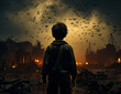 Small boy with flying bats. Halloween character on scary background.