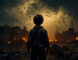 Fototapeta  - Small boy with flying bats. Halloween character on scary background.
