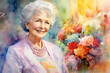watercolor portrait of an elderly elegant lady in bright colors, demonstrating an exquisite and beautiful old age, the concept of women's day, mother's day and grandmother's day