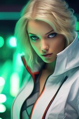 A beautiful blonde hair woman wearing white uniform in a futuristic cyberpunk game style