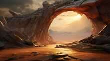 Fantasy Mountain At Sunset, Artistic Illustration Of Cliff And Dramatic Sky