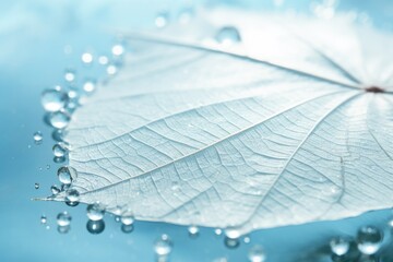  Bright expressive artistic image of a white transparent leaf with beautiful texture on a turquoise abstract background with water dew drops and circular bokeh