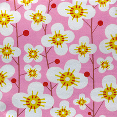 Poster - Floral pattern cotton fabric design closeup in pink and white