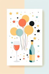 Wall Mural - Festive illustration of a bottle of champagne and balloons, generated with AI
