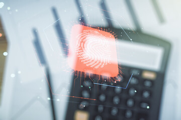 Aufkleber - Multi exposure of virtual fingerprint scan interface on calculator and papers background, digital access concept