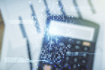 Poster - Abstract virtual code skull illustration on calculator background. Hacking and phishing concept. Multiexposure