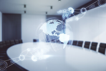 Aufkleber - Abstract virtual robotics technology hologram with globe sketch on a modern conference room background. Robot development and automation concept. Multiexposure