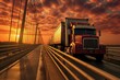 A large truck travels on the bridge during sunset. Generative AI