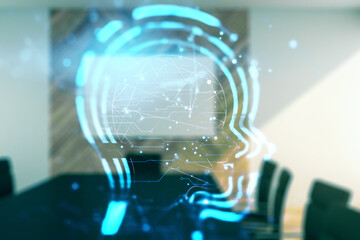 Poster - Abstract virtual artificial Intelligence interface with human head hologram on a modern conference room background. Multiexposure