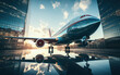 aereo  trasporto passeggeri che vola sopra un'architettura moderna , vista simmetrica, luci riflesse del tramonto sull'aeromobile, prospettiva insolita 