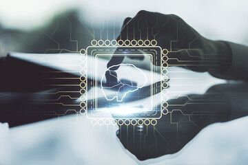 Poster - Creative artificial Intelligence concept with human brain sketch and finger presses on a digital tablet on background. Double exposure