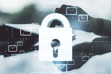 Poster - Creative light lock illustration with postal envelopes and finger presses on a digital tablet on background, cyber security and email protection concept. Multiexposure