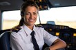 Pilotin im Cockpit. Porträt einer freundlichen Pilotin vor dem Abflug in Uniform. Flugverkehr Personal.