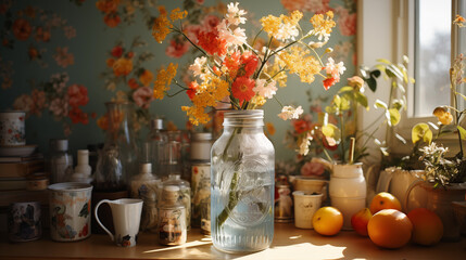 Poster - still life with flowers and fruits