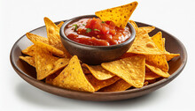 Nachos Mexican Corn Chips With Salsa Sauce Isolated On White Background.