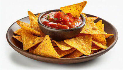 Nachos Mexican corn chips with salsa sauce isolated on white background.