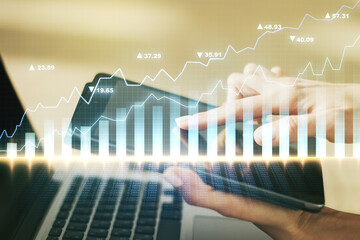 Poster - Abstract creative financial graph with finger clicks on a digital tablet on background, forex and investment concept. Multiexposure