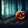 A jack-o-lantern in a spooky forest setting with aspect ratio