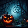 A jack-o-lantern in a spooky forest setting with aspect ratio 