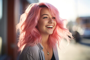 laughing cute girl with pink hair blowing in the wind. young female person.