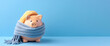 Pink piggy bank wrapped up warm with a scarf on blue background. Winter heating bills concept. Generative AI