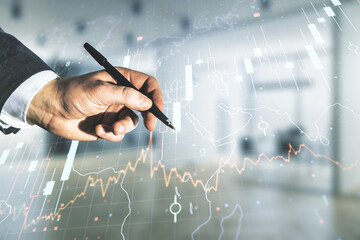 Poster - Multi exposure of man hand with pen working with abstract financial diagram and world map on blurred office background, banking and accounting concept