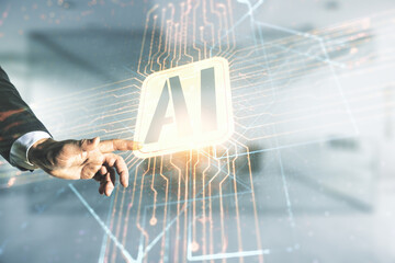 Aufkleber - Double exposure of man hand presses on creative artificial Intelligence icon on blurred office background. Neural networks and machine learning concept
