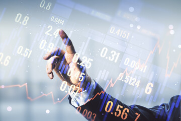 Aufkleber - Multi exposure of analyst hand with pen working with virtual abstract financial diagram on blurred office background, banking and accounting concept