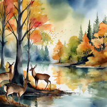 Vintage Watercolor Painting Forest In Autumn With Trees And Wildlife In River Lake With Deer In A Landscape