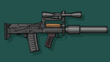 Close-up Of A Black Assault Rifle Groza With A Silencer And An Optical Sight On A Green Isolated Background. Line Art. High Quality Illustration