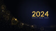 Happy new 2024 year! Elegant gold text with sparkles. Festive banner with golden particles on dark background.