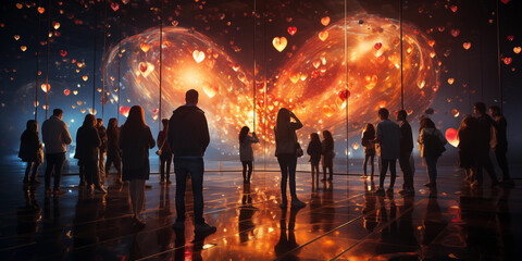 Wall Mural - Visitors stand in front of a colorful digital background