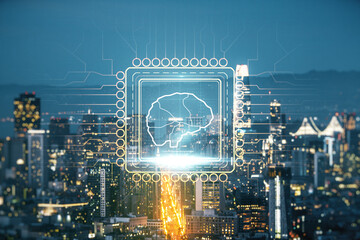 Poster - Virtual creative artificial Intelligence hologram with human brain sketch on San Francisco skyline background. Multiexposure