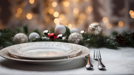 Wall Mural - New Year's table set with cutlery and plate.