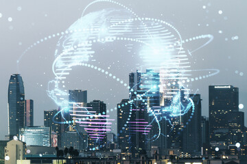Poster - Abstract graphic digital world map hologram with connections on Los Angeles cityscape background, globalization concept. Multiexposure