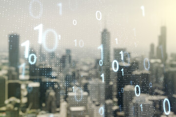 Aufkleber - Abstract virtual binary code sketch on blurry office buildings background, hacking and matrix concept. Multiexposure
