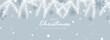 New Year and Christmas banner, background, wallpaper, postcard. Blue vector winter background with white Christmas tree branches, snow and snowflakes