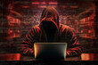 Hacker using computer for organizing massive data breach attack. Hacker in a dark room sitting at a computer