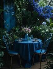 AI Generated Illustration Of A Blue Dining Table With Accompanying Chairs In A Lush Jungle